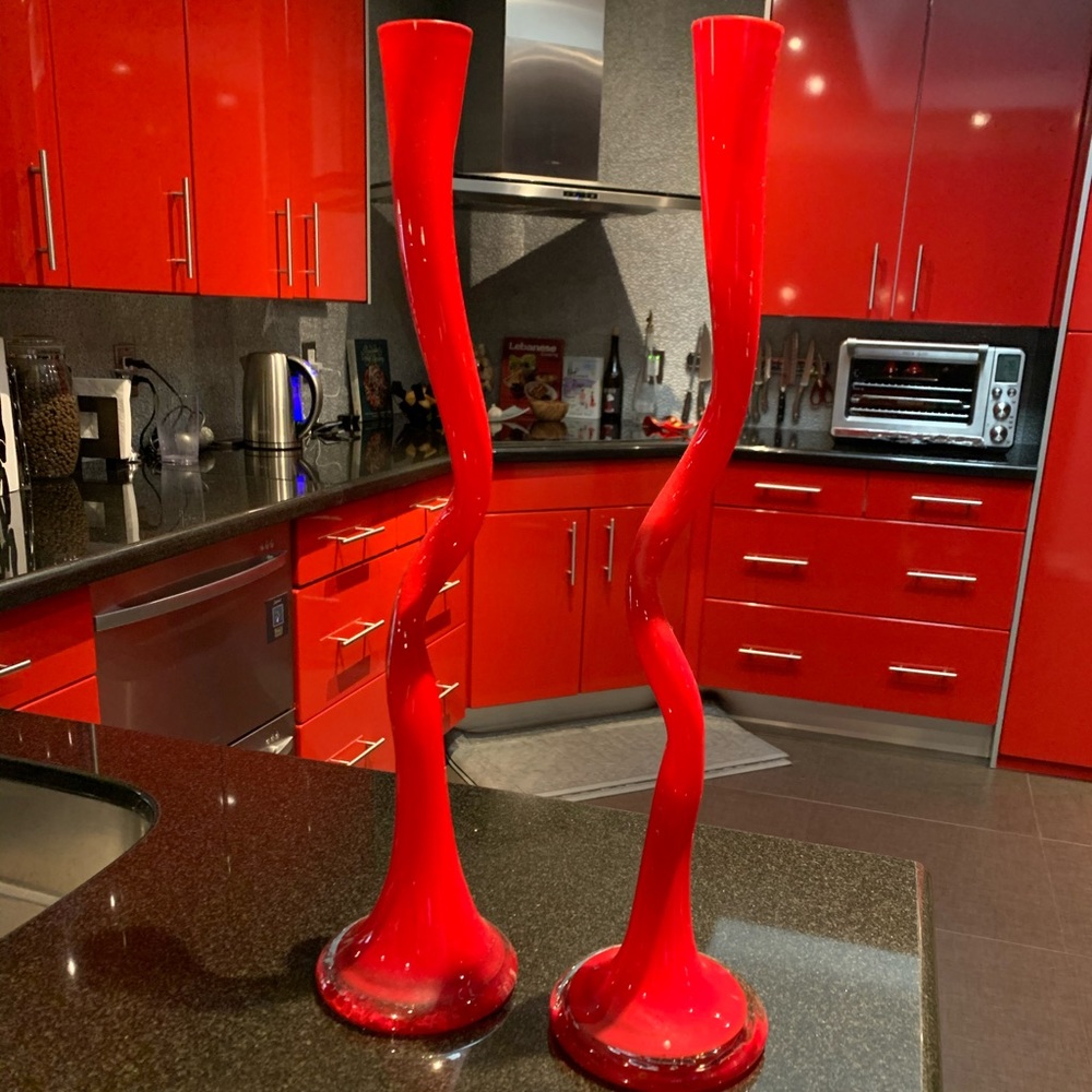 19.5 in tall red candle stick holder set (2)